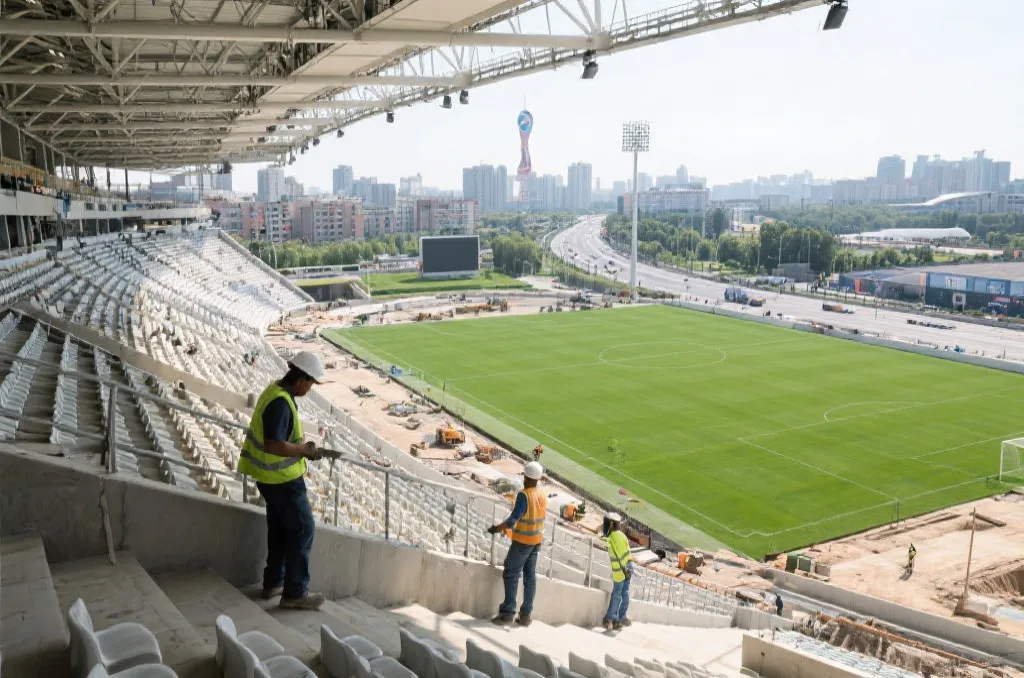 世界杯球场改造中的看台、草坪和城市道路建设场景